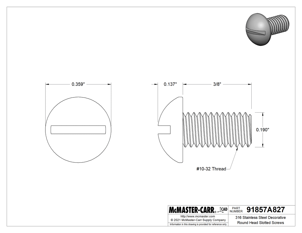 Technical Drawing of 316 Stainless Steel Decorative Round Head Slotted Screws, 10-32 Thread, 3/8" Long.